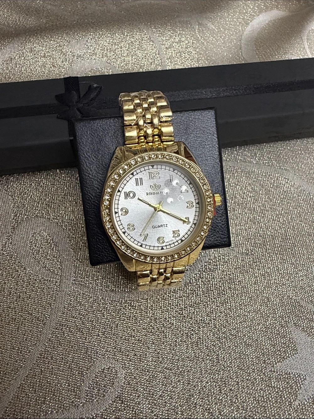 Rhinastar Gold-Tone Crystal Bezel Quartz Watch